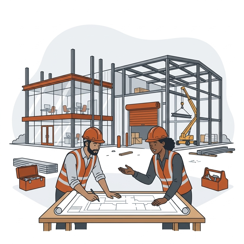 Illustration of an industrial suite being built out with office space.