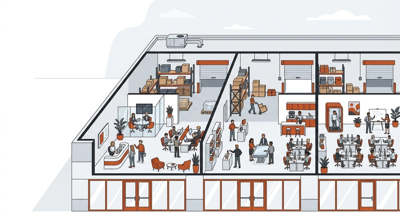 Illustration of an office-flex industrial suite with a finished office up front and warehouse space behind.