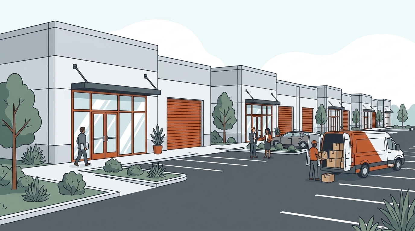 Row of modern office-flex Industrial Suites with glass storefront offices and warehouse roll-up doors