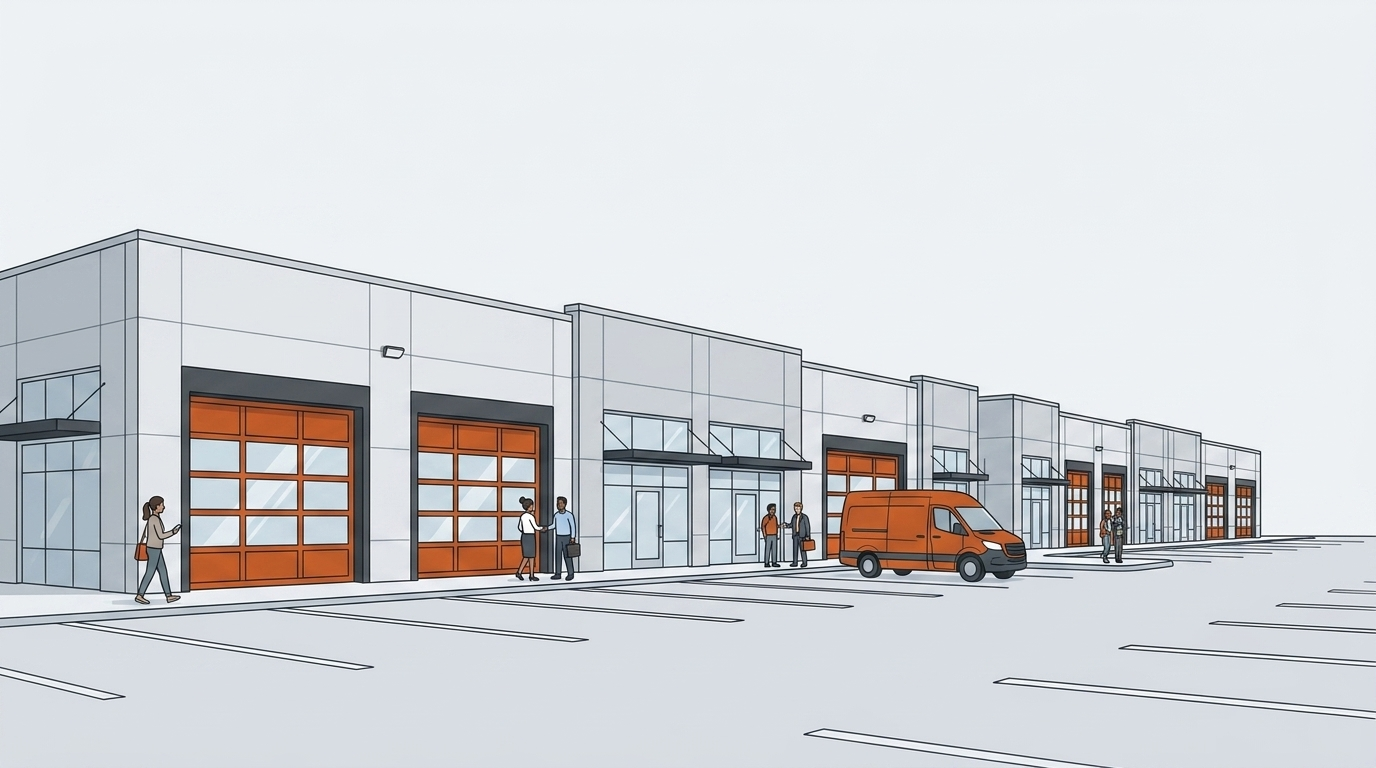 Illustration of a showroom-style industrial suite with glass doors and signage.
