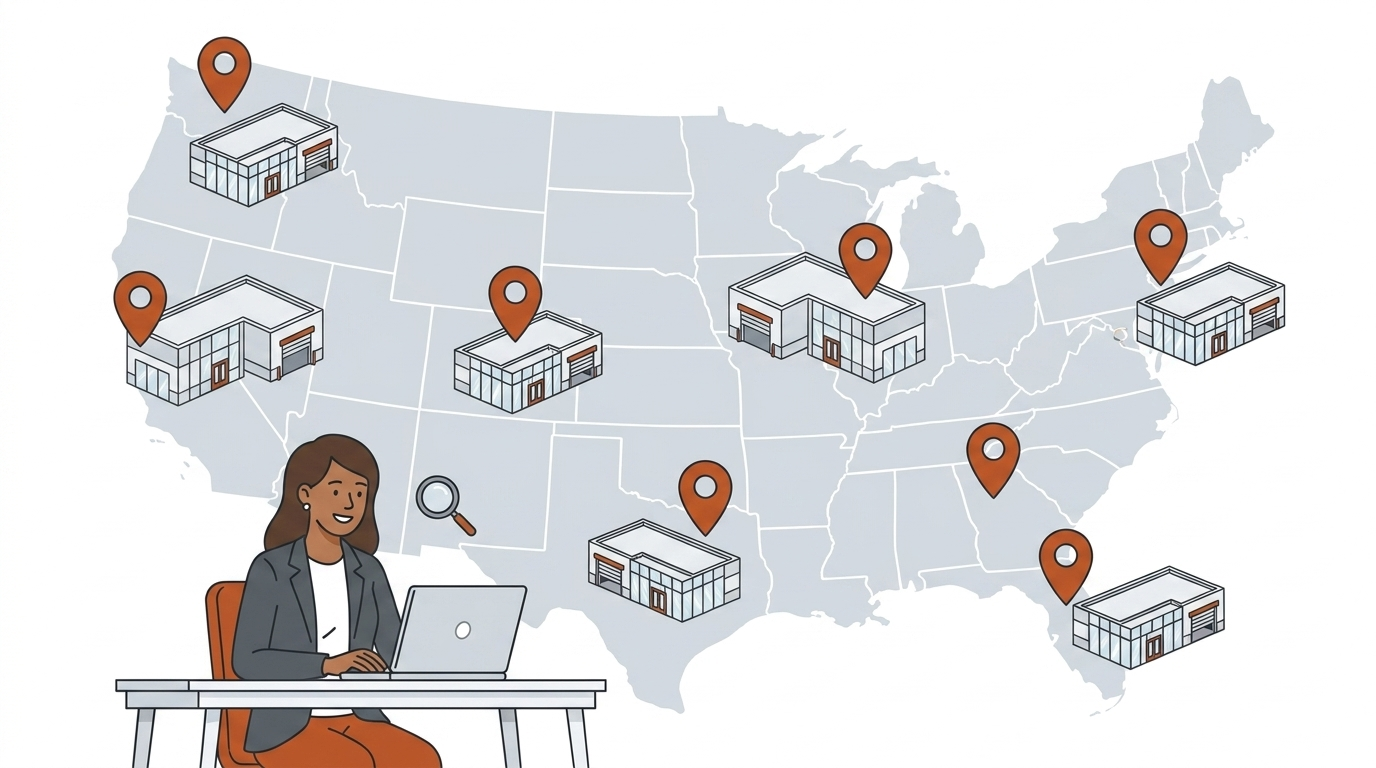 Illustration of office-flex Industrial Suites mapped across a metro area.