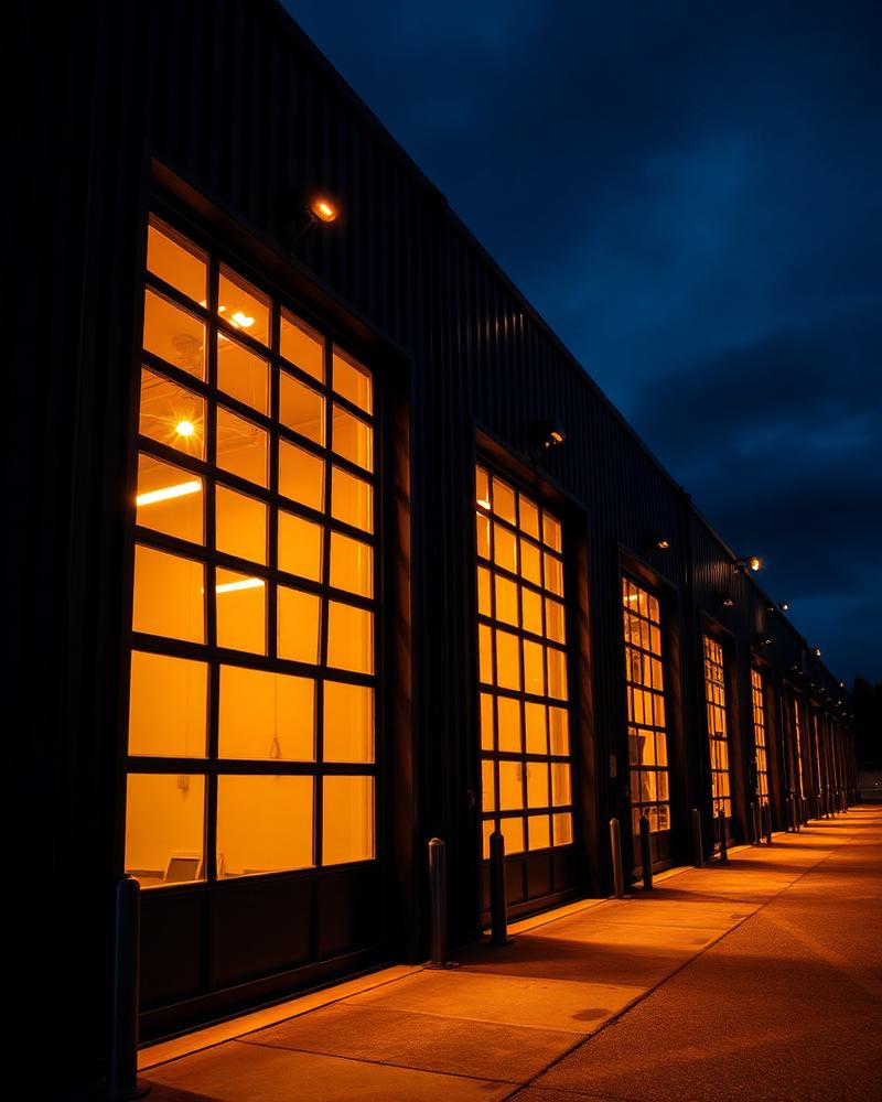 Dark-clad industrial campus exterior